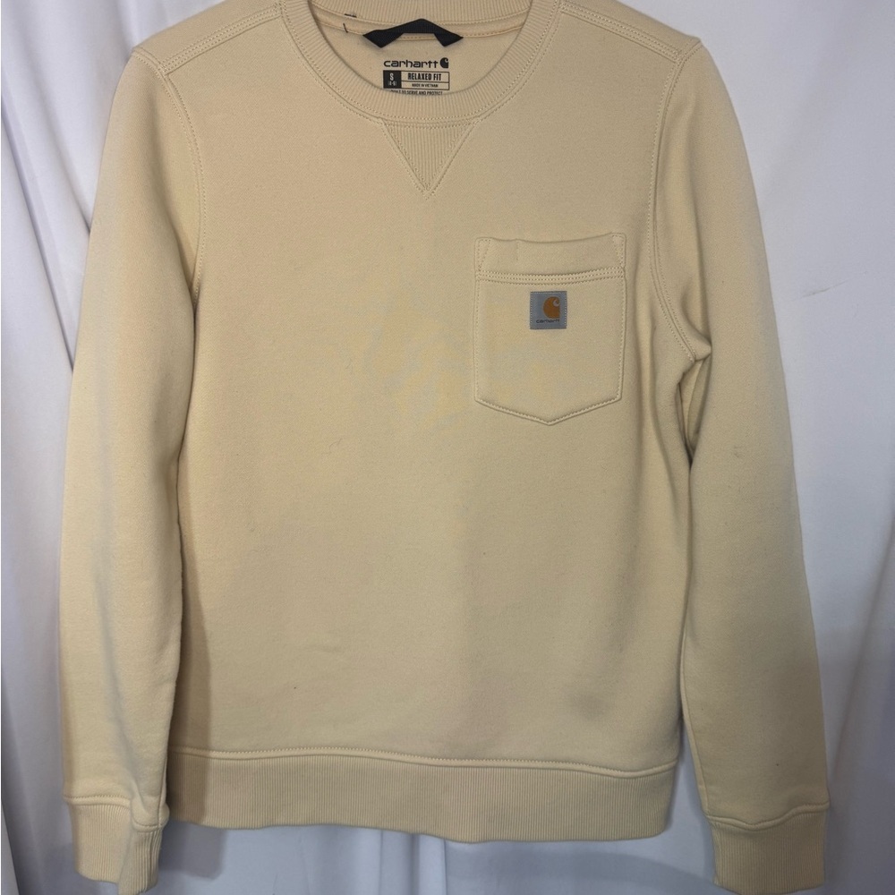 CARHARTT Womens Relaxed Fit Midweight Crewneck Pocket Cream Sweatshirt Small 4-6